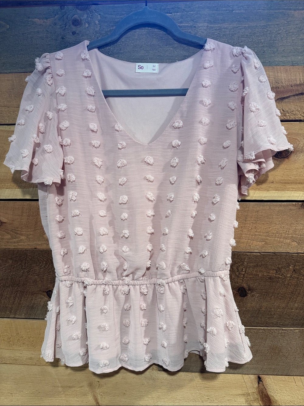 SO Light Pink Textured Peplum V-Neck Blouse